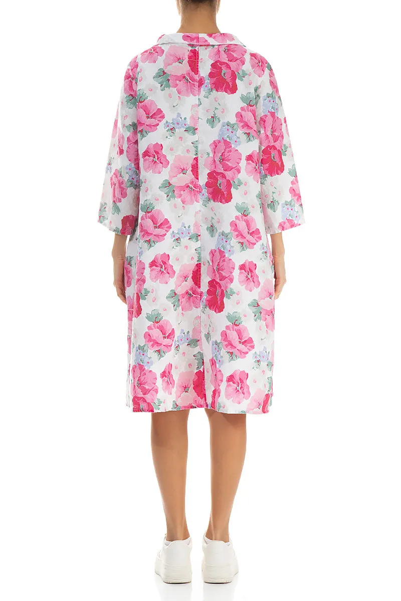Airflow Mesh Panels Cropped Sleeves Cowl Neck Peony Blossom Linen Dress