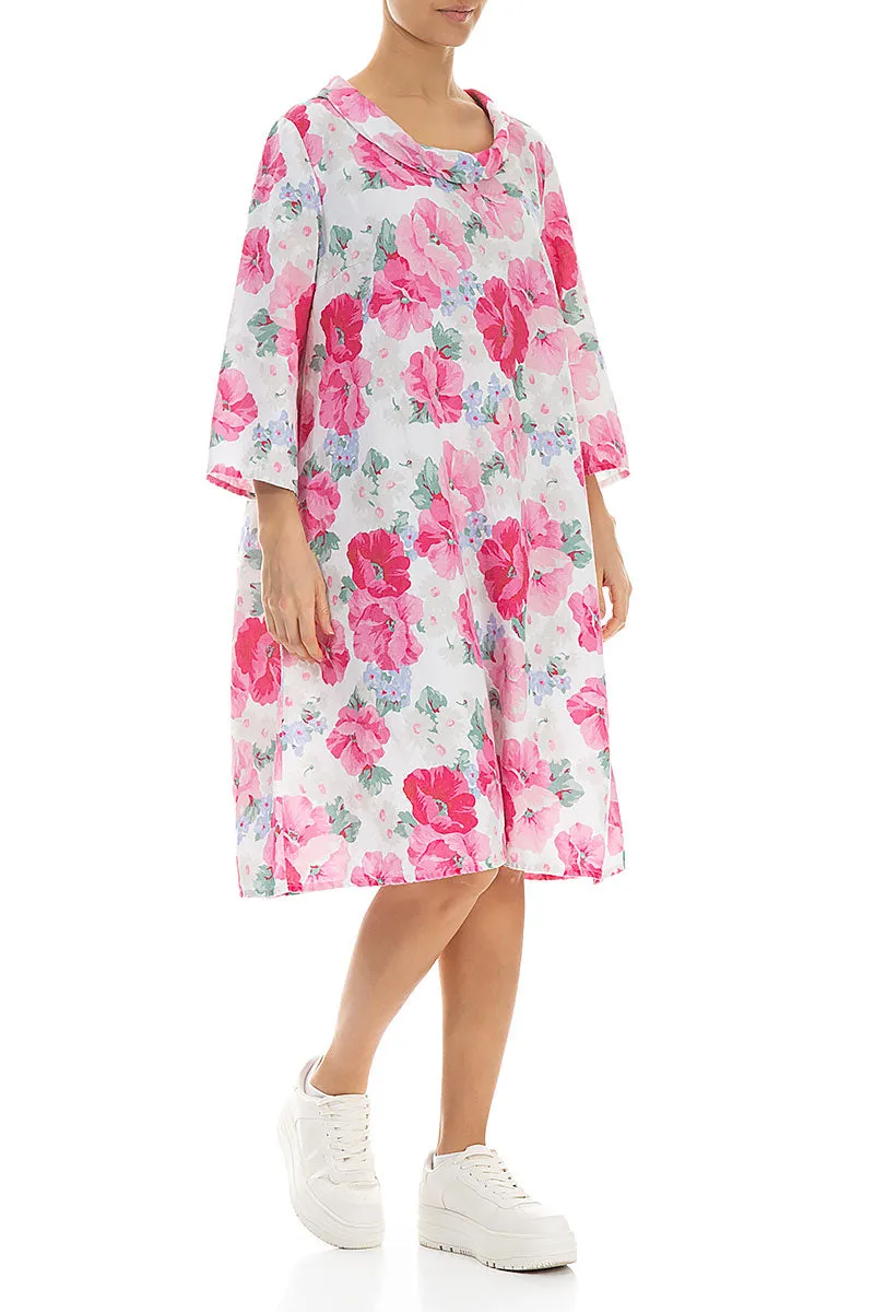 Cropped Sleeves Cowl Neck Peony Blossom Linen Dress Casual Footwear