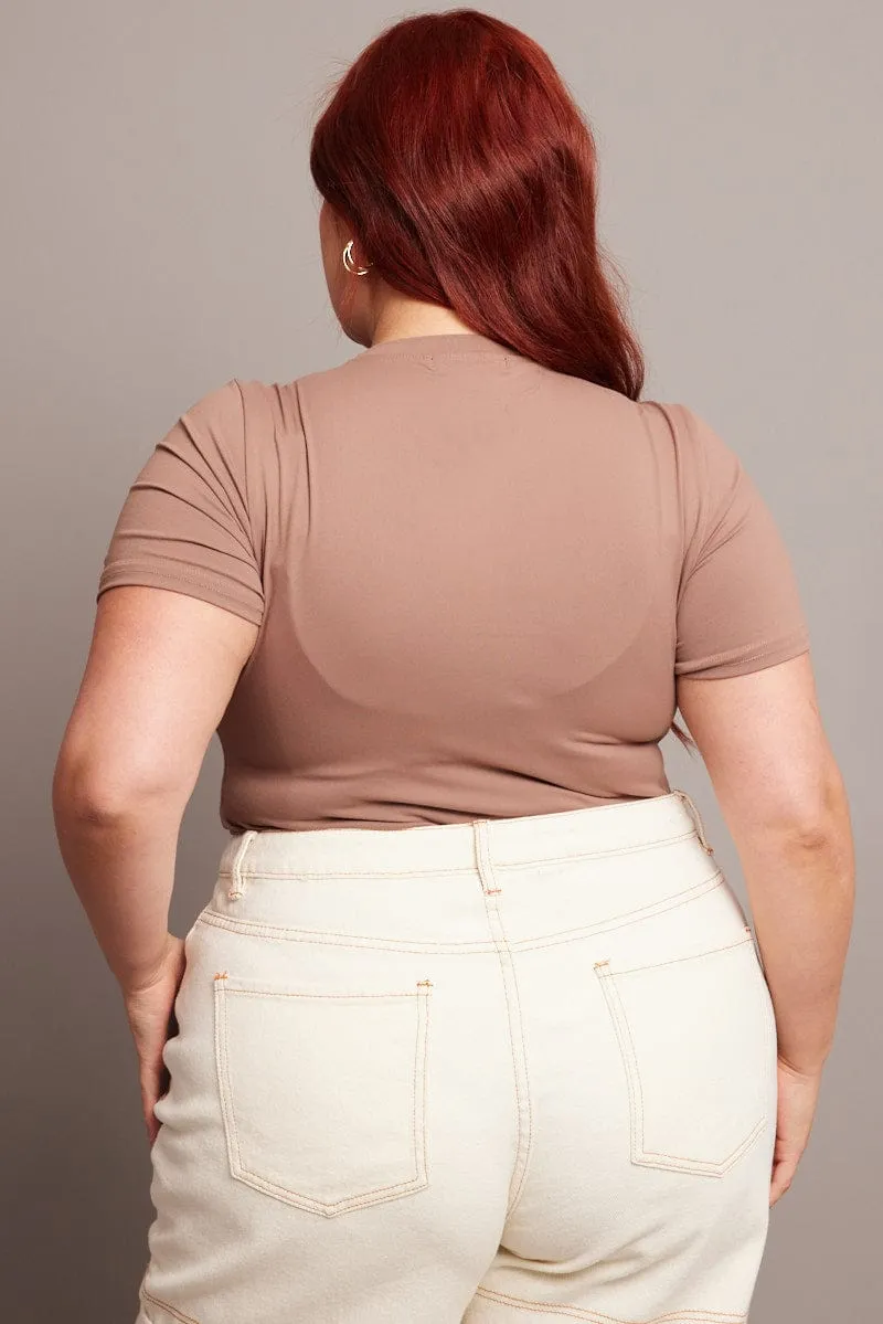 Music Mood Soft Tunic Brown Bodysuit Short Sleeve Crew Neck Supersoft