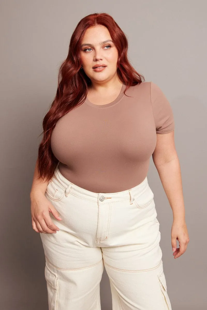 Brown Bodysuit Short Sleeve Crew Neck Supersoft Dance Light Cool Glow