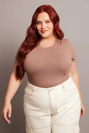 Brown Bodysuit Short Sleeve Crew Neck Supersoft CompressionKnit