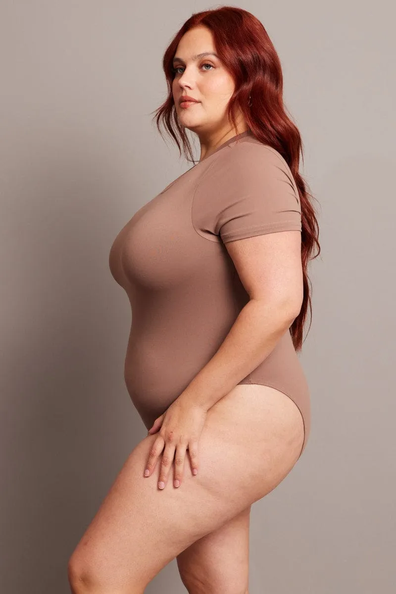 Brown Bodysuit Short Sleeve Crew Neck Supersoft ElasticFree