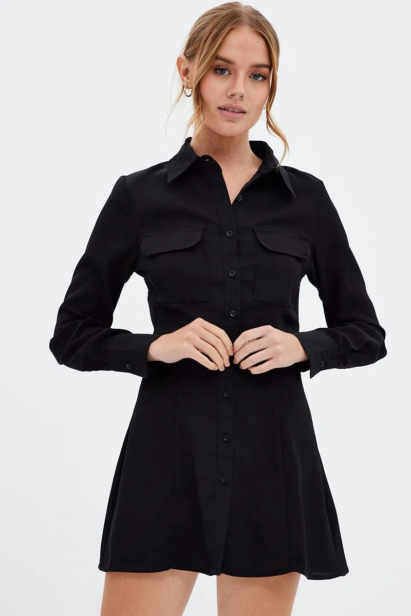 Japan Neat Black Shirt Dress Long Sleeve