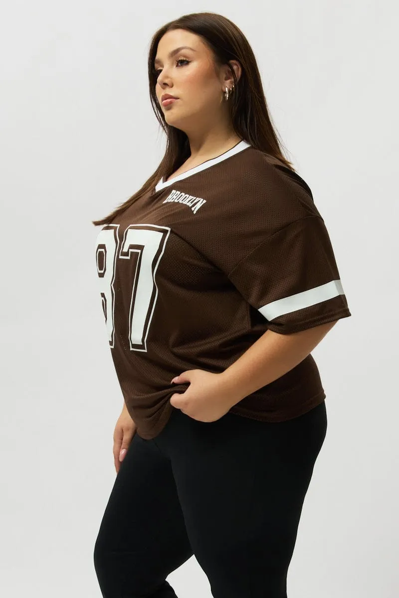 Brown Graphic T Shirt Short Sleeve V Neck UPF Rated Fabric