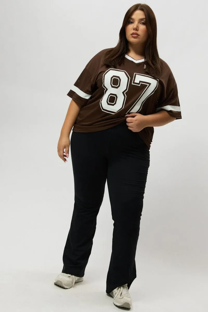 Brown Graphic T Shirt Short Sleeve V Neck Active Outfit Style