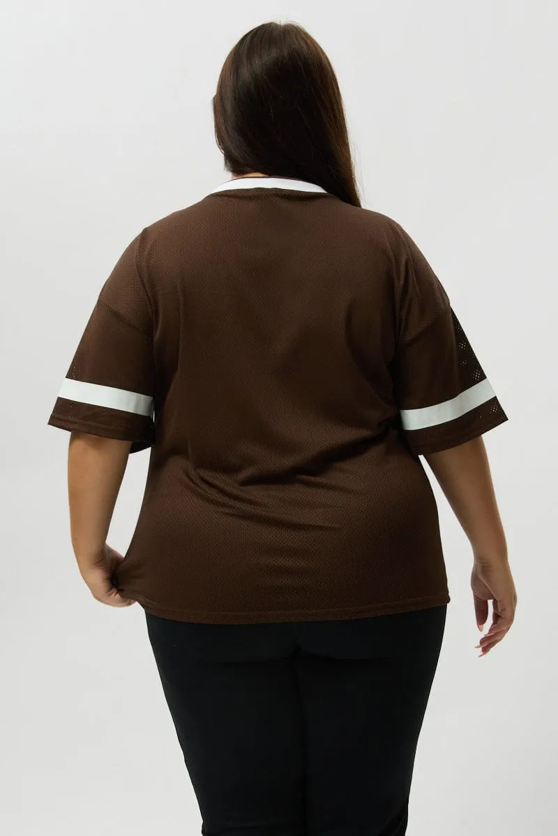 Brown Graphic T Shirt Short Sleeve V Neck Collared print design