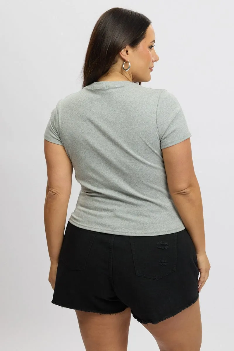 Grey Graphic T Shirt Short Sleeve Crew Neck Functional Look