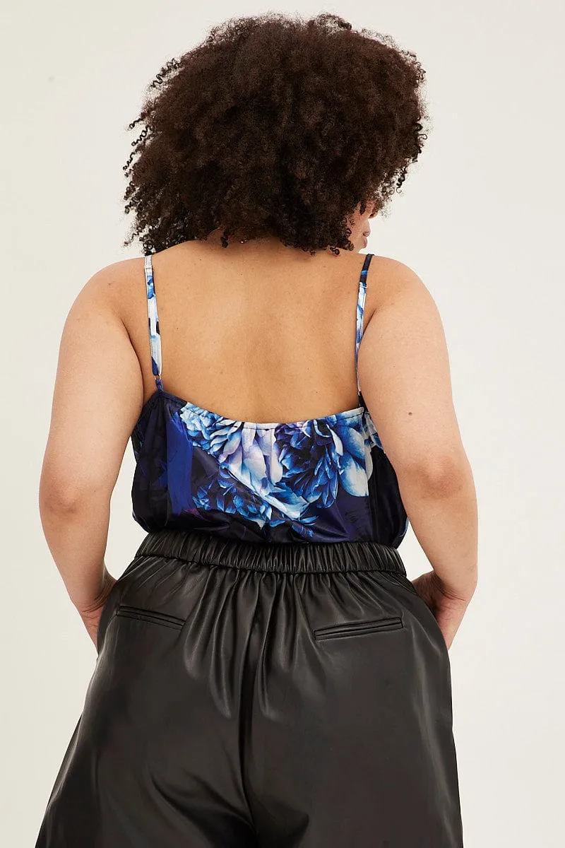 Stone Glow Korean Fresh Blue Abstract Cowl Neck Bodysuit Sleeveless Satin