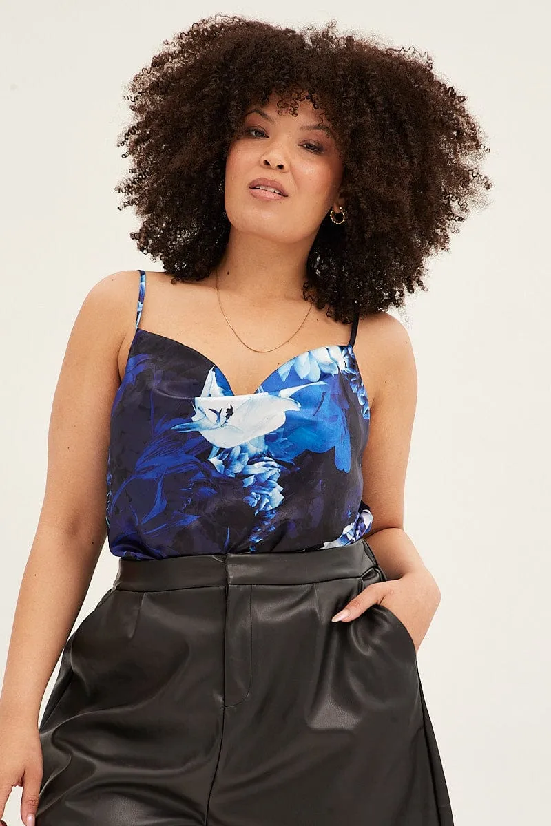 Blue Abstract Cowl Neck Bodysuit Sleeveless Satin Soft Inner Lining Outdoor Look