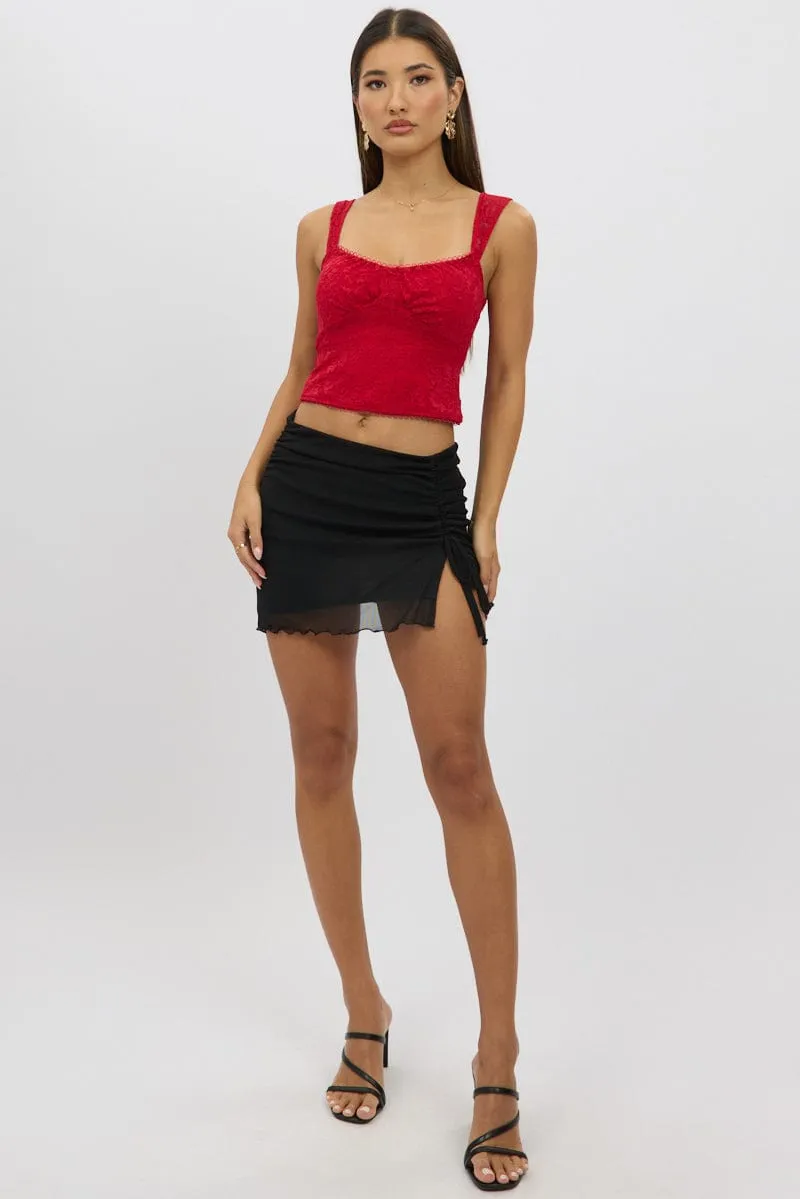 Black Mini Skirt Elastic Waist Assymetric Ruched Front M Easy Style Luxury Trim