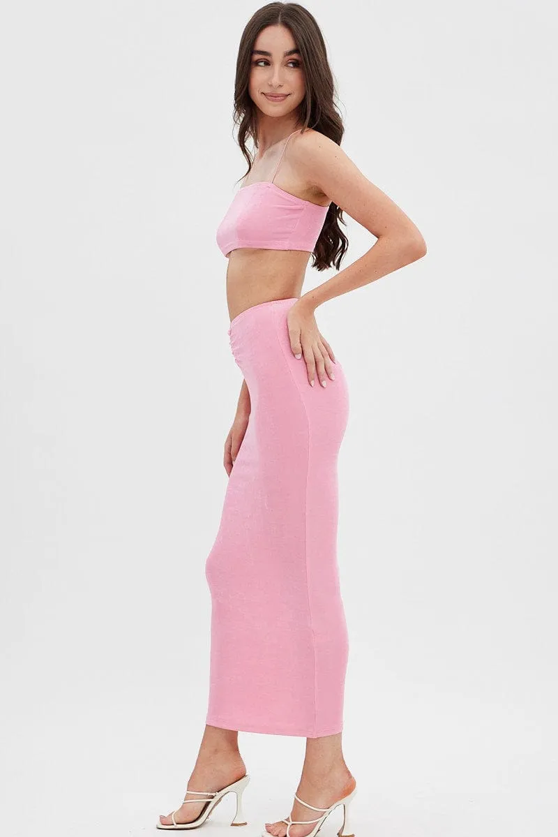 Soft Layers Pink Ruched Midi Skirt