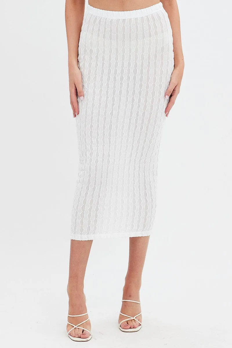 Outdoor Gathering White Textured Midi Skirt