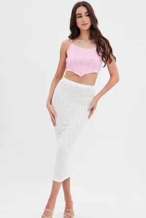Layered Design White Textured Midi Skirt
