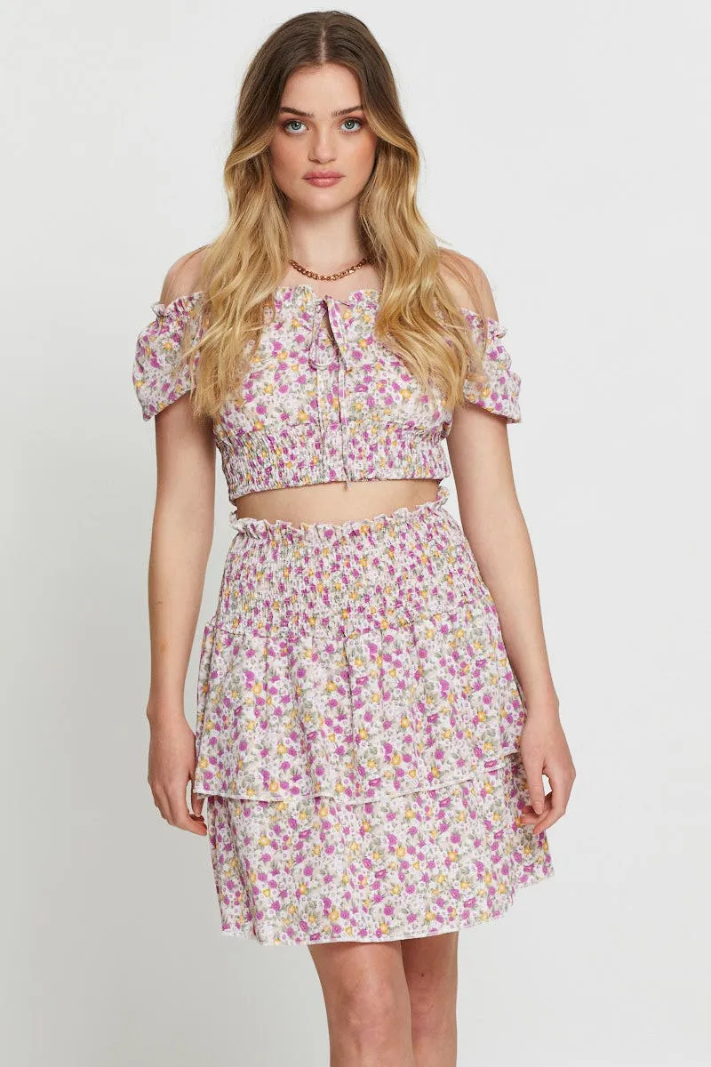 Soft Texture Handmade Item Print Ruffle Skater Skirt