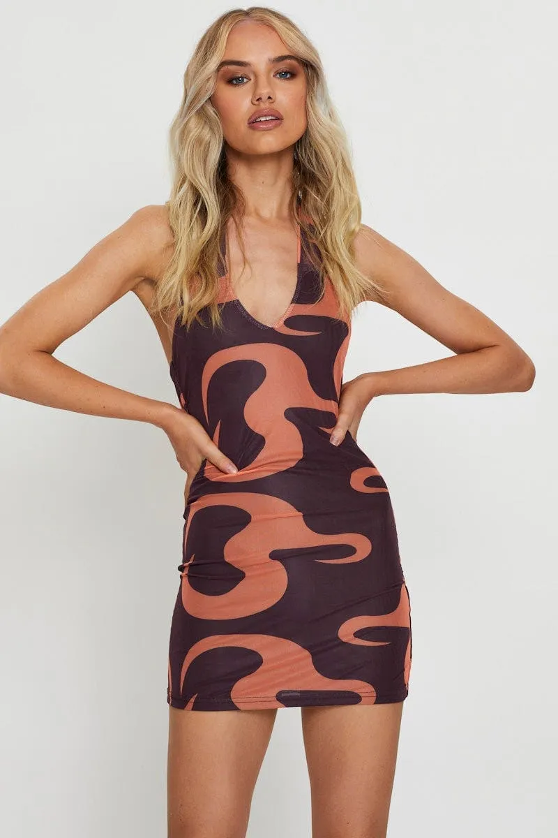 Comfortable day-to-night dress Classic outdoor mini Abstract Print Mini Dress Halter Neck