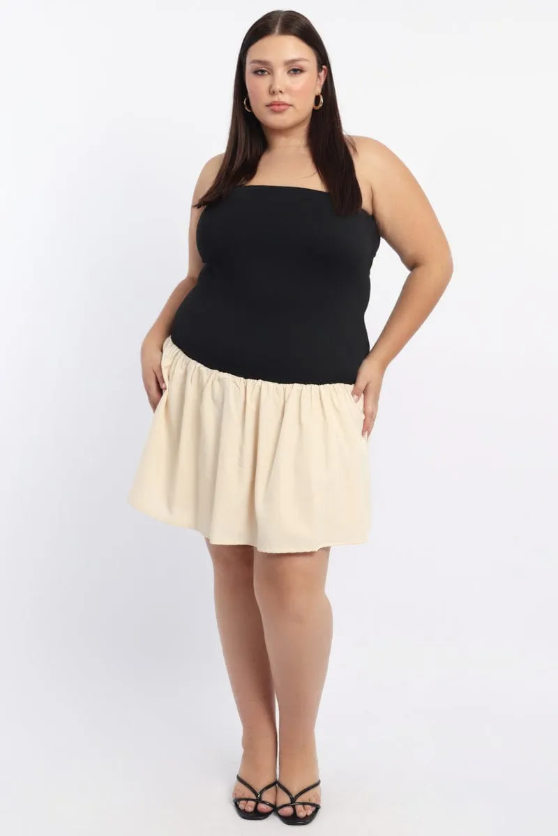 Minimal Seam Black Strapless Two Tone Mini Dress