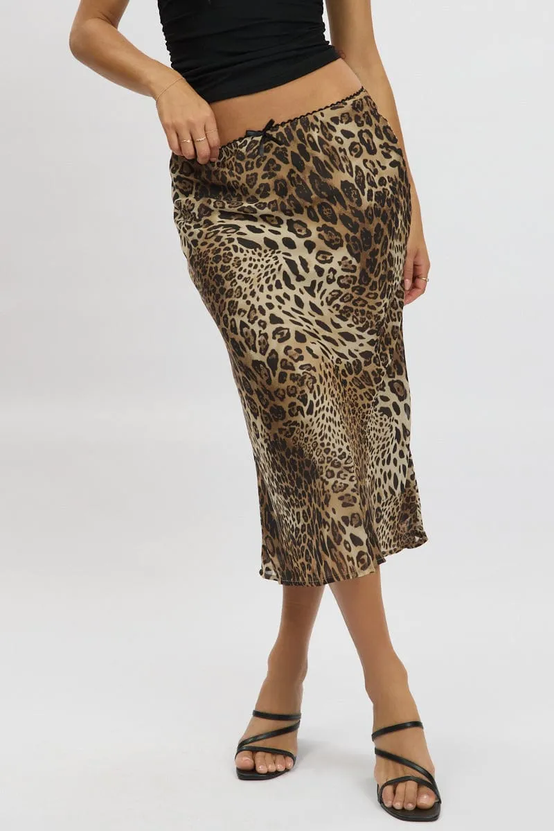 Opaque Lining Brown Animal Print Slip Skirt High Rise Midi Picot Trim