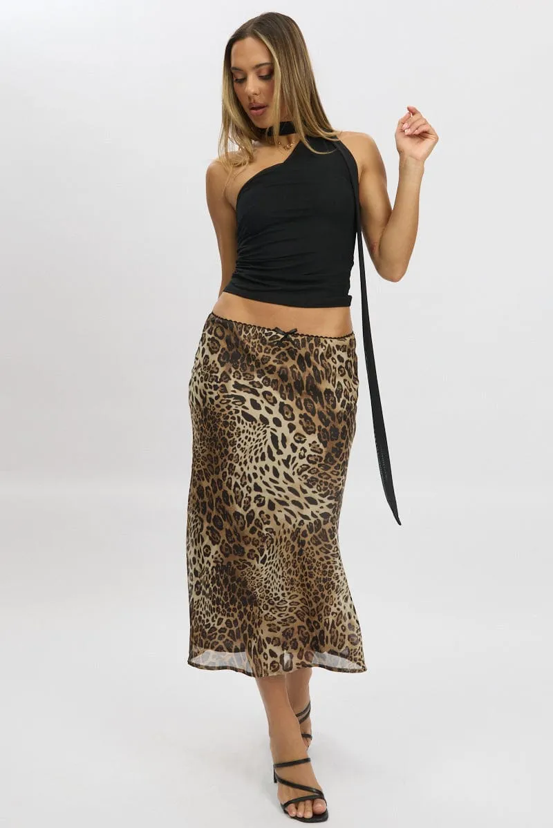 Affordable Fashion Brown Animal Print Slip Skirt High Rise Midi Picot Trim