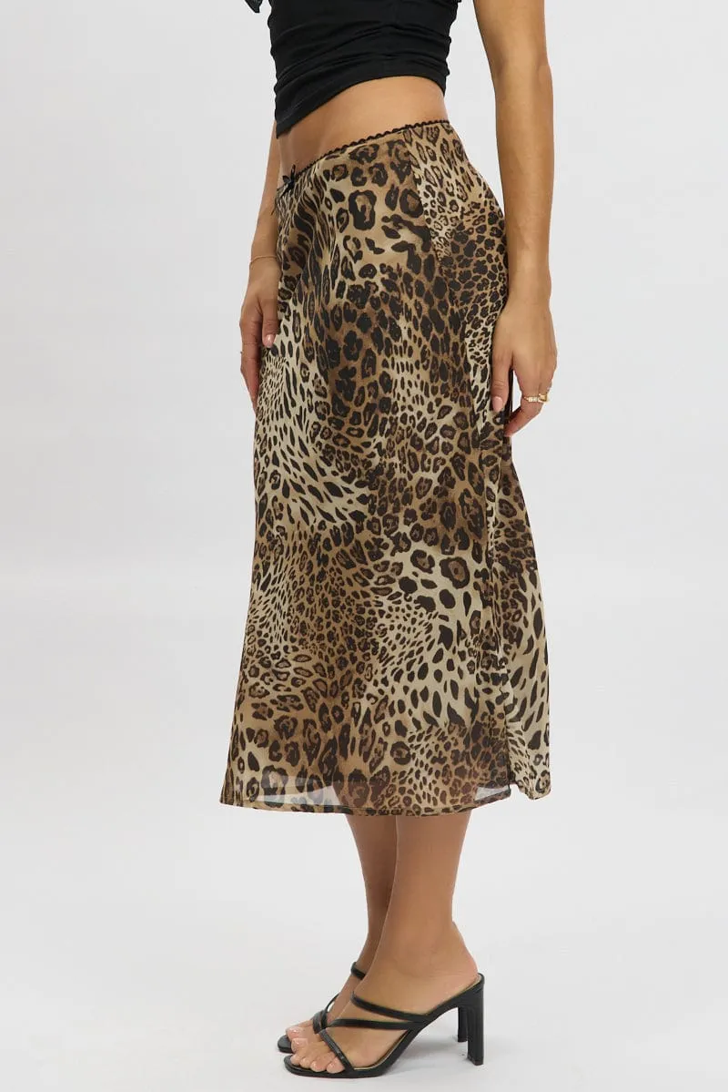 Brown Animal Print Slip Skirt High Rise Midi Picot Trim Style Moment