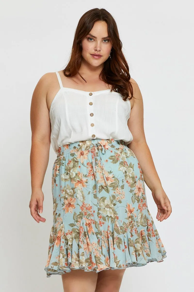 Floral Print Mini Wrap Skirt Ruffle Hem Designer Inspired Elasticized Hem