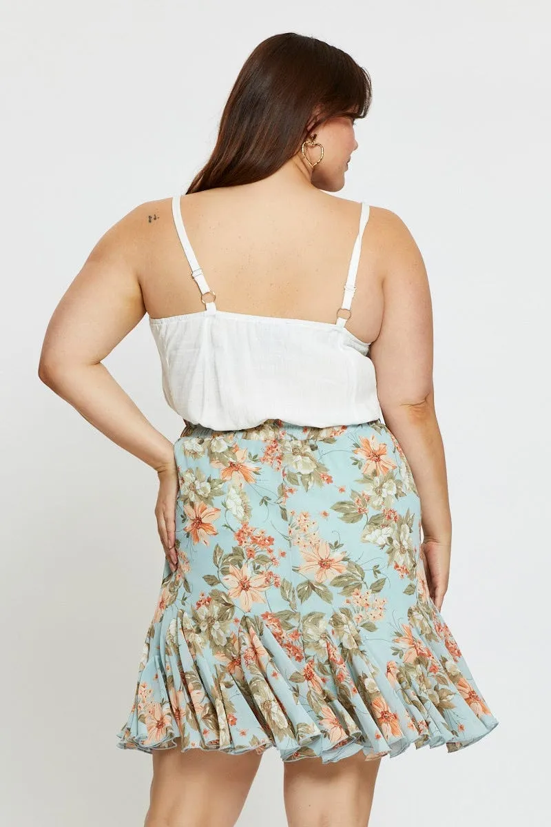 Floral Print Mini Wrap Skirt Ruffle Hem Two Tone Trim Easy Vibe