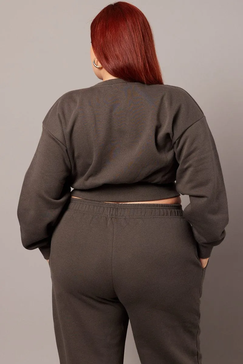 Grey Oversized Sweater Long Sleeve Crew Neck Crop Graphic Design Lightweight Layer