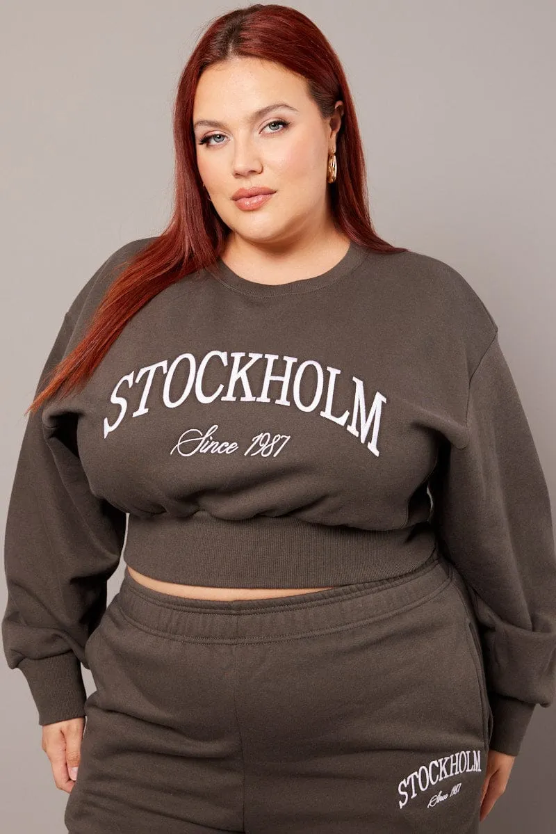Grey Oversized Sweater Long Sleeve Crew Neck Crop Breathable Fashion Essentials