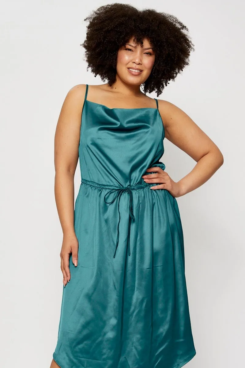 Train Gate Black Midi Satin Dress Cowl Neck Sleeveless