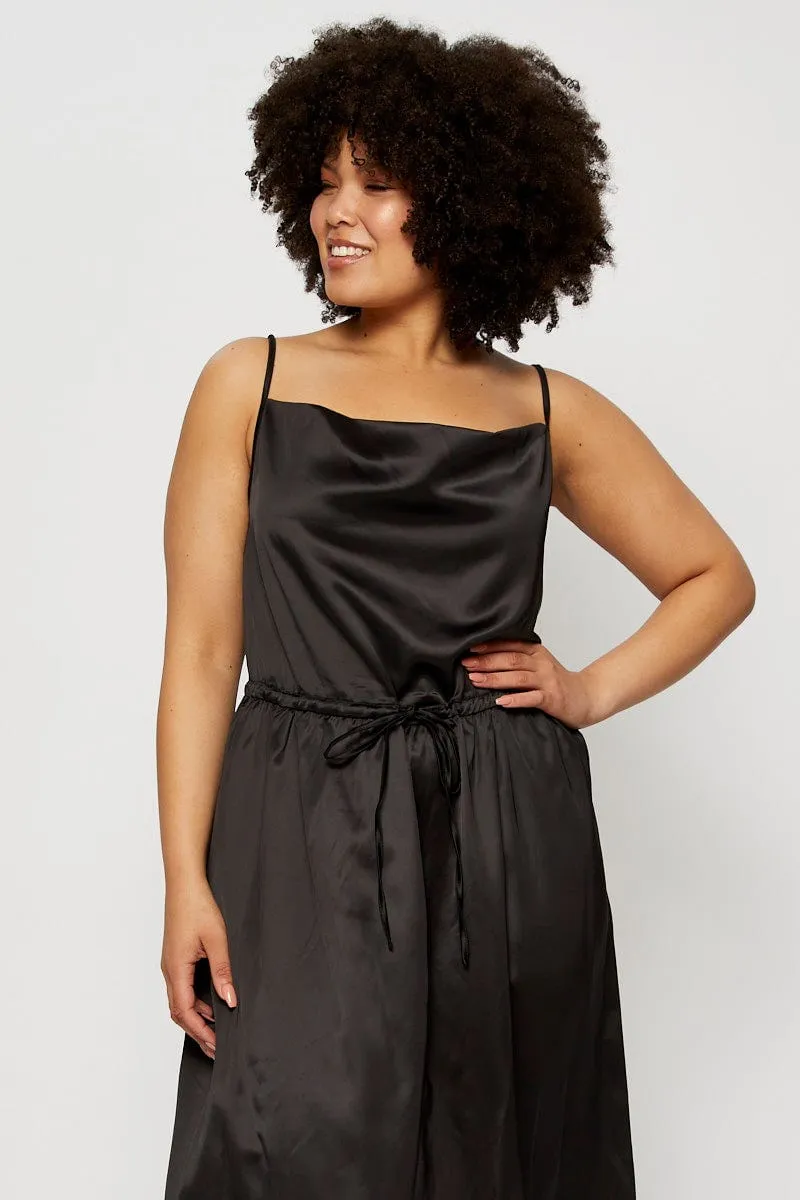 Rock Bay Low Maintenance Black Midi Satin Dress Cowl Neck Sleeveless