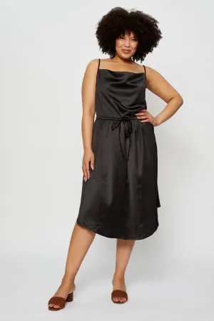 Black Midi Satin Dress Cowl Neck Sleeveless Velvet Smooth Dew Drop