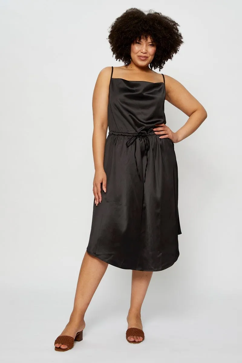 Flattering Layers Black Midi Satin Dress Cowl Neck Sleeveless