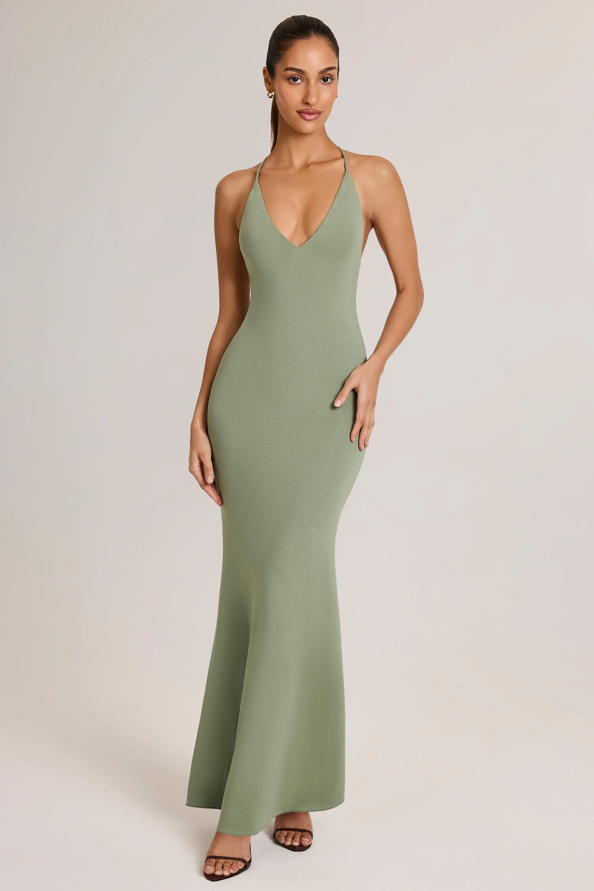 Modal Plunge Backless Maxi Dress in Sage Green Romantic evening dress With its sophisticated design this dress will always remain a classic wardrobe piece