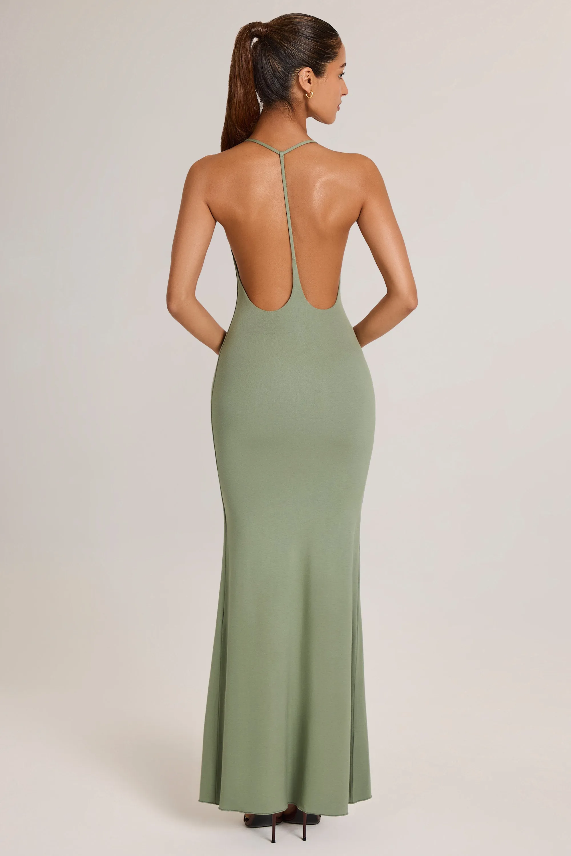 Modal Plunge Backless Maxi Dress in Sage Green Harbor Path garden party
