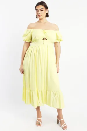 trendy details Yellow Midi Dress Short Sleeve Ruched Bust