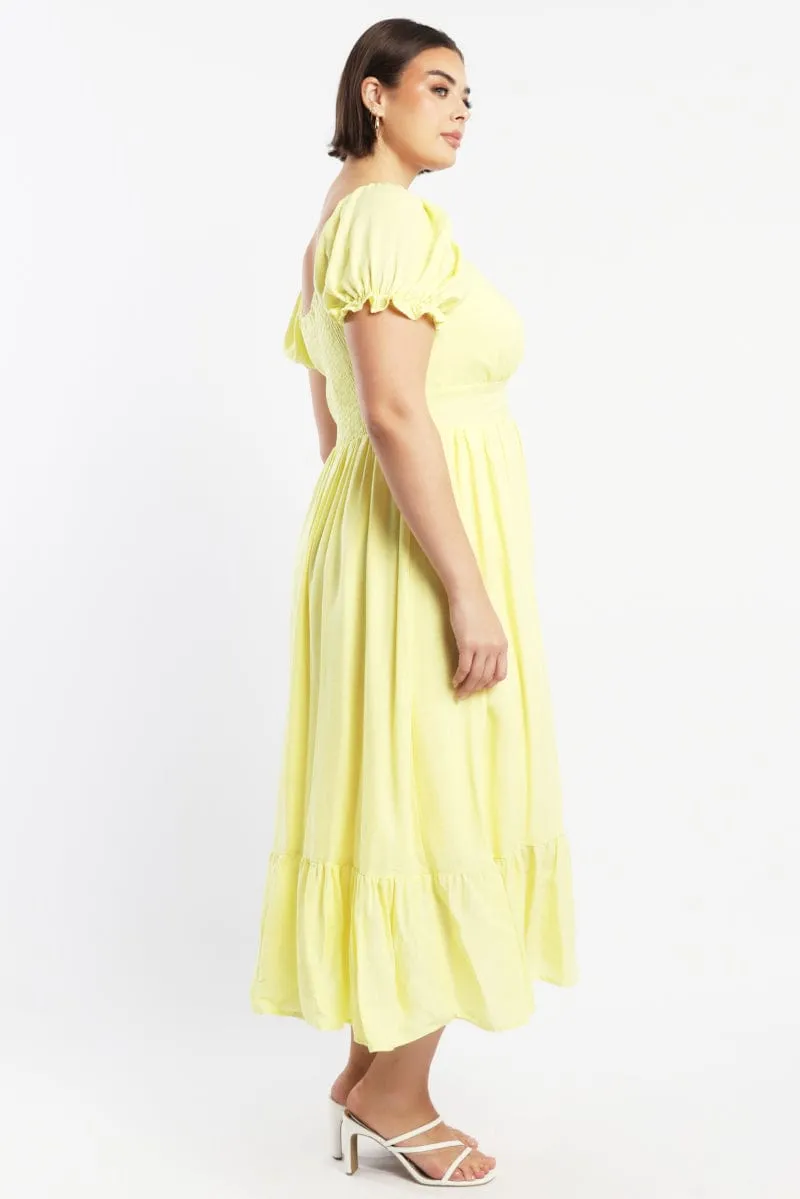 Yellow Midi Dress Short Sleeve Ruched Bust Field Glow