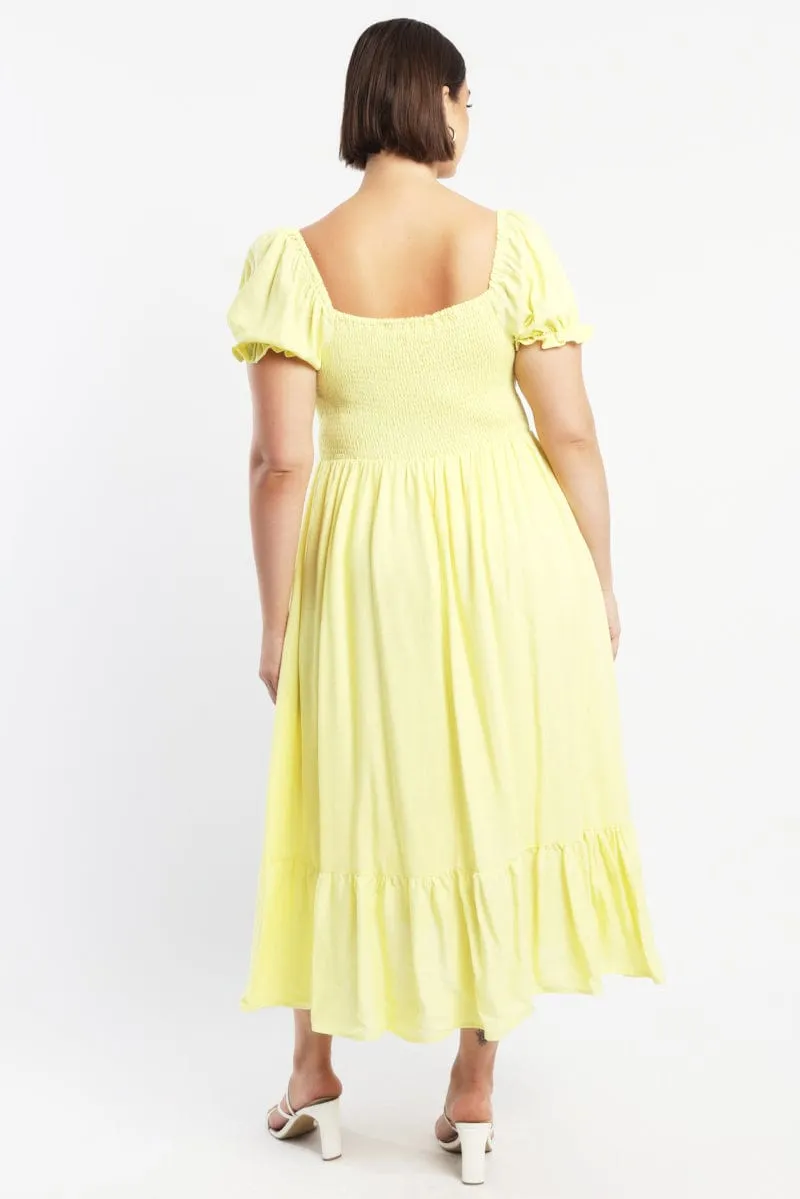Yellow Midi Dress Short Sleeve Ruched Bust Music Hall