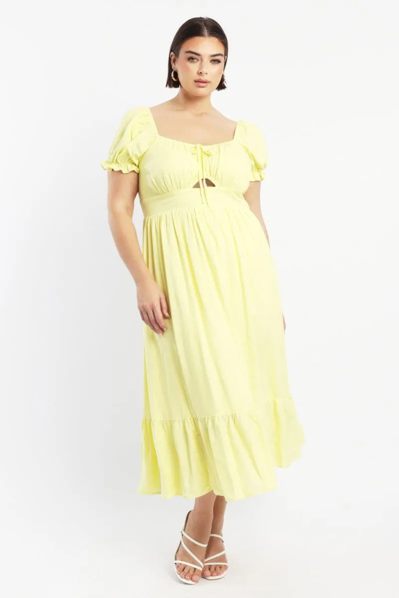 Yellow Midi Dress Short Sleeve Ruched Bust Court Yard City Prep