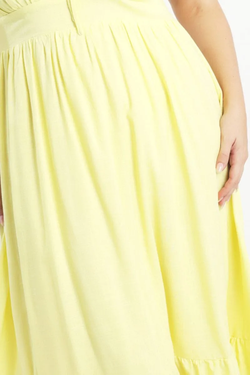 Yellow Midi Dress Short Sleeve Ruched Bust Form Hugging Comfy Look