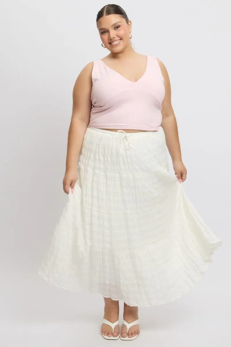 beaded embellishment Polka Dot White Textured Tiered Maxiskirt