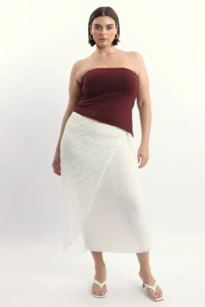 White Stretch Lace Wrap Maxi Skirt Erasable Crease Textured Surface
