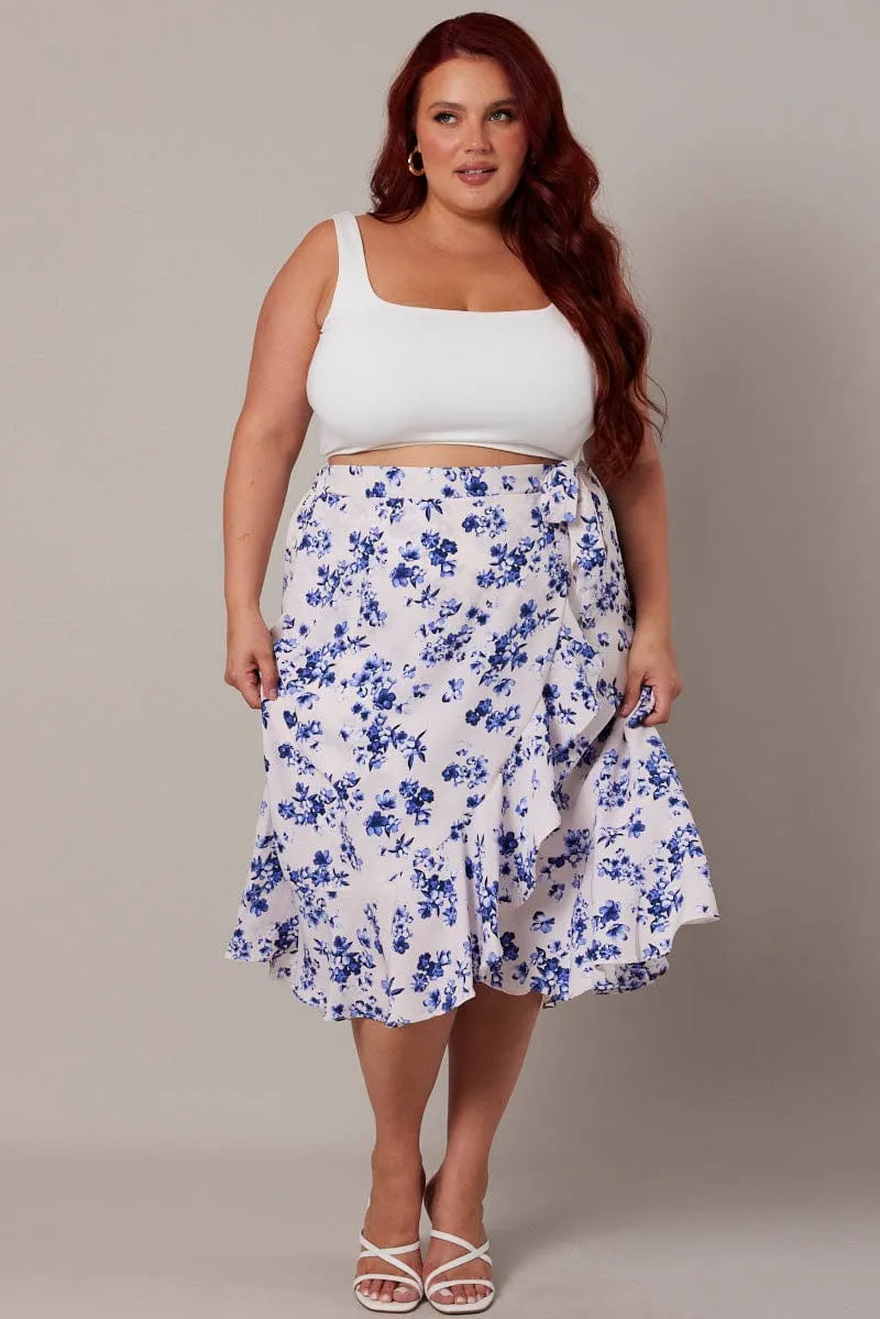 birthday party White Ditsy Wrap Frill Midi Skirt