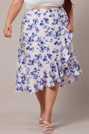 Light Comfort White Ditsy Wrap Frill Midi Skirt