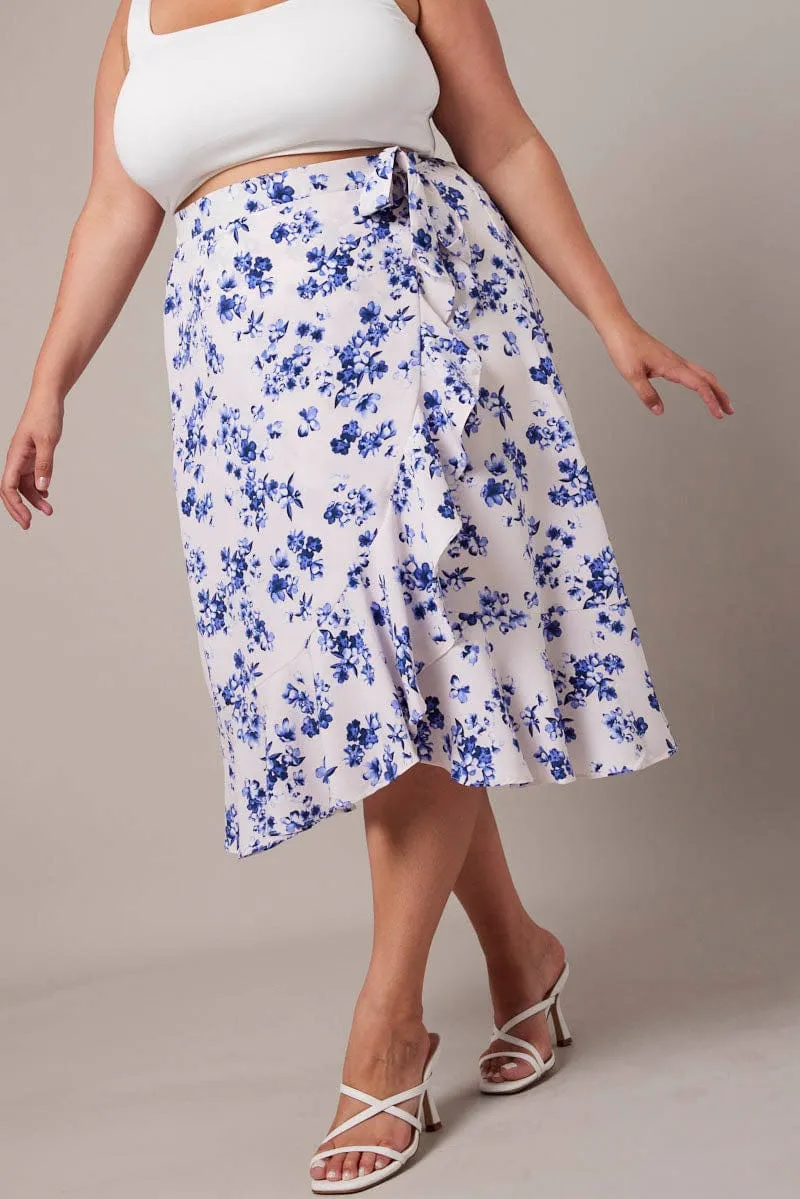Erasable Crease White Ditsy Wrap Frill Midi Skirt
