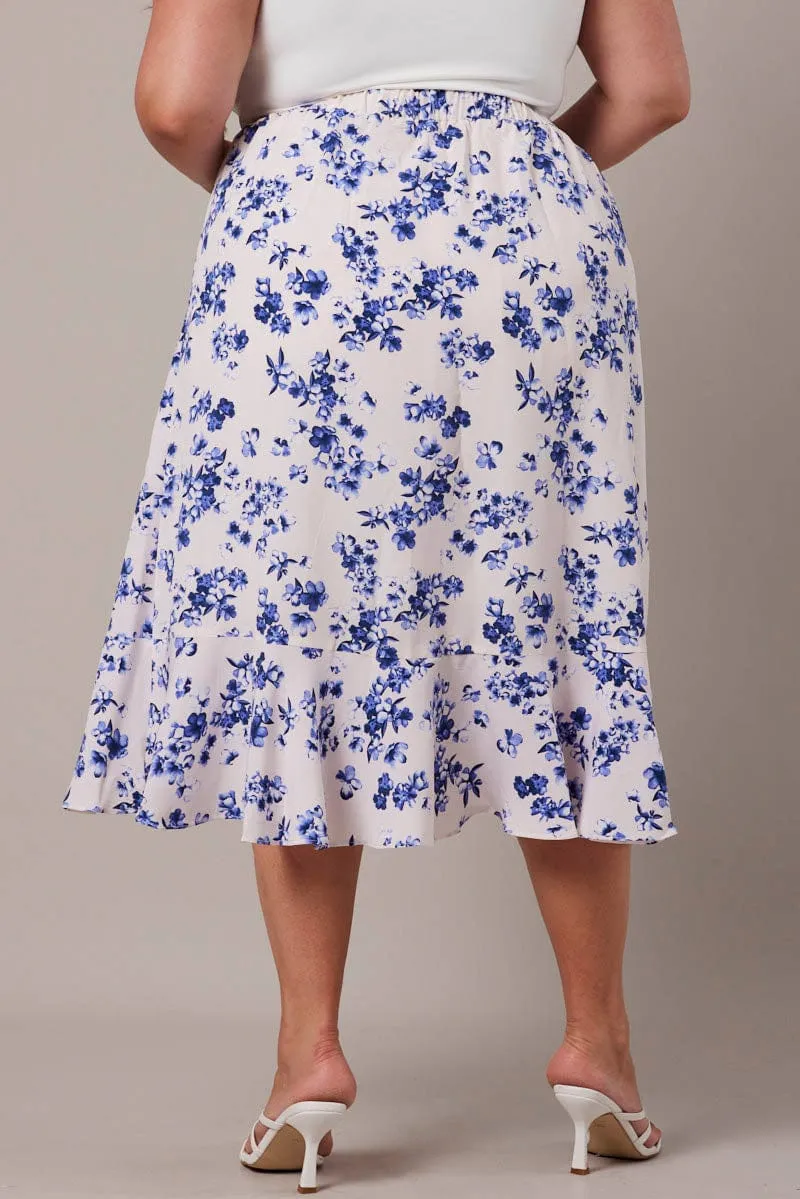 Retro Style Breezy Flow White Ditsy Wrap Frill Midi Skirt