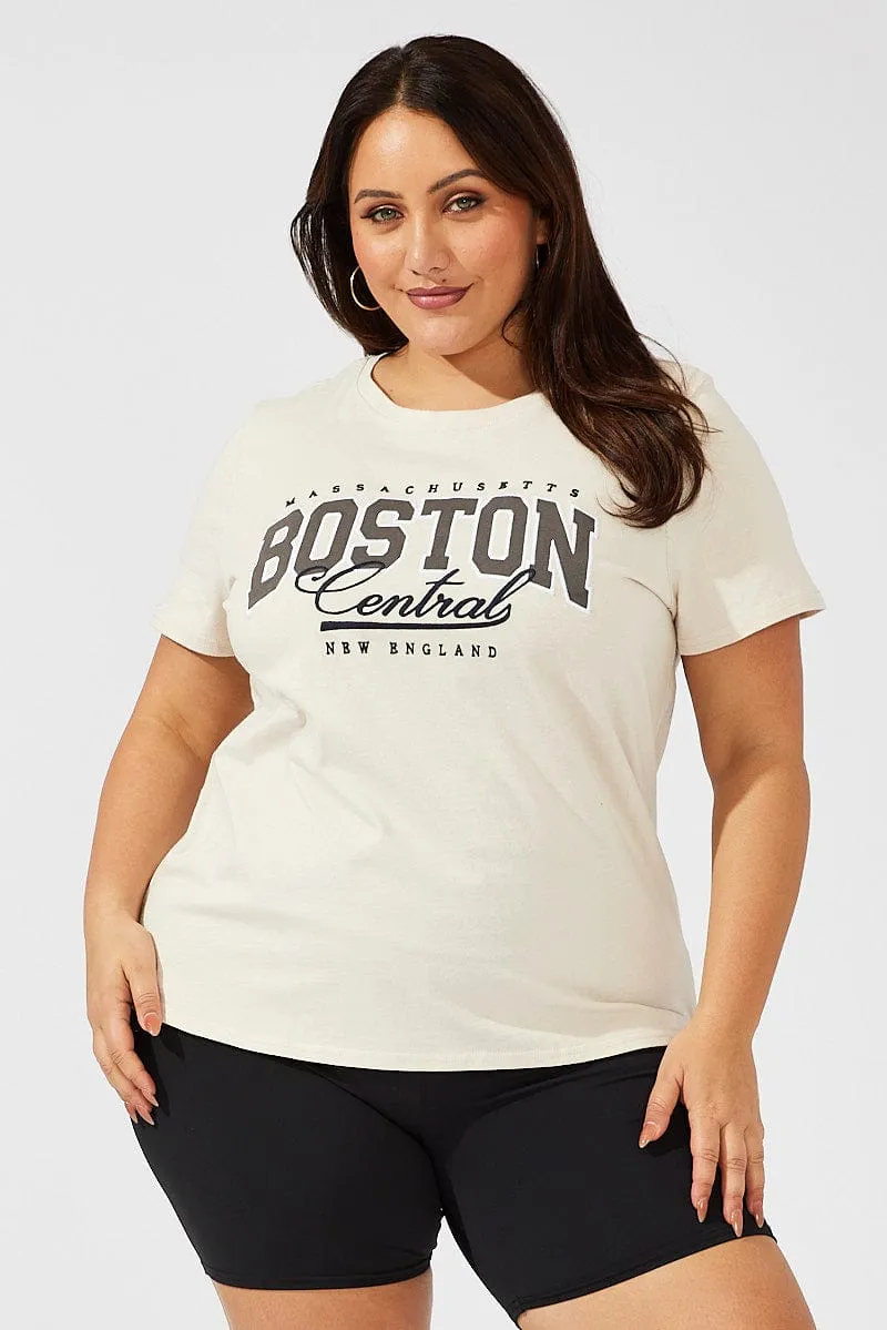 Universal Silhouette Non Toxic Printing Beige Graphic T-shirt Short Sleeve Crew Neck