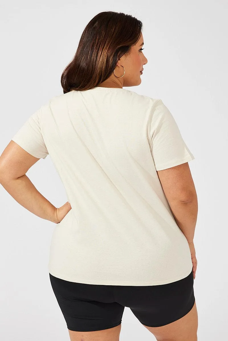 Beige Graphic T-shirt Short Sleeve Crew Neck Subtle Logo Placement SustainableManufacturing
