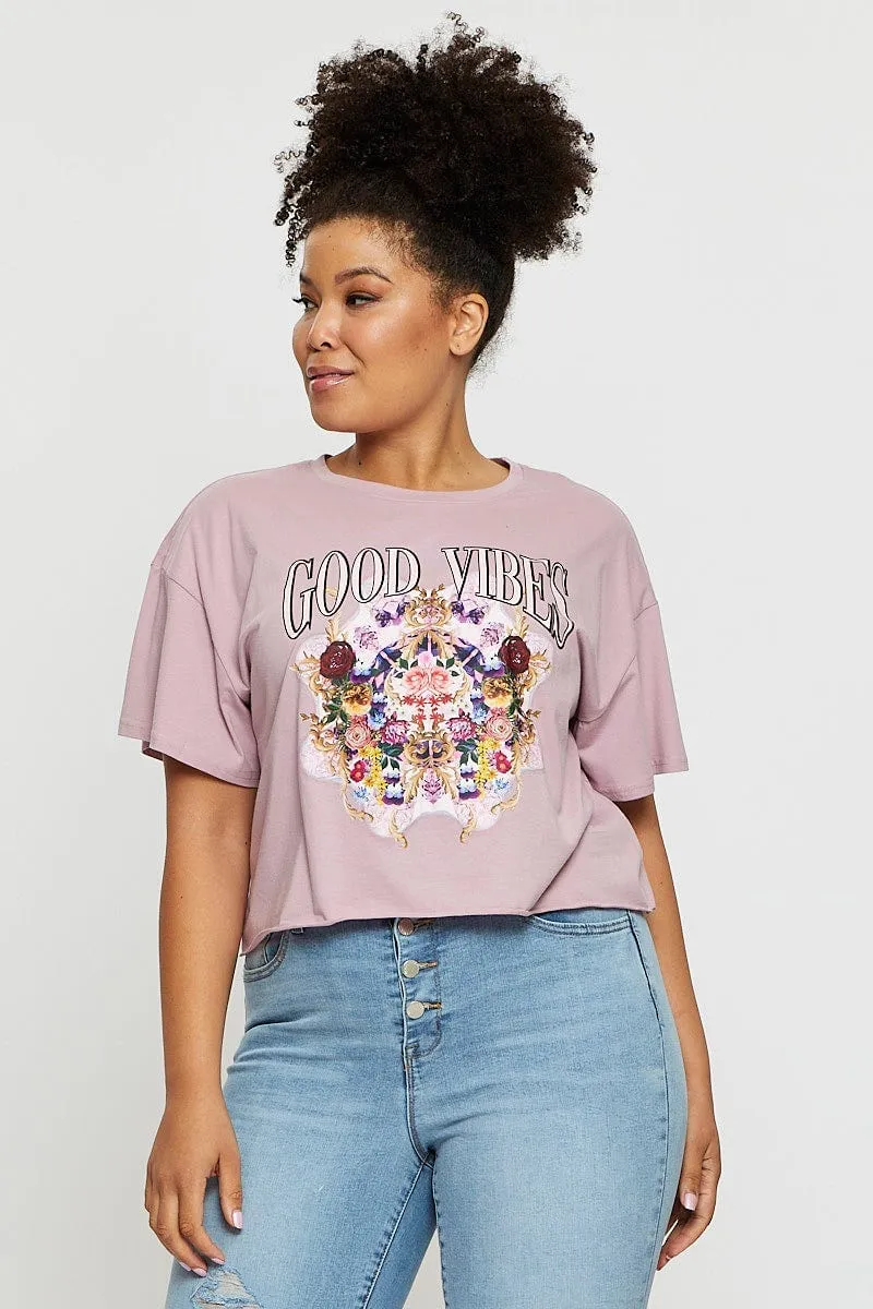Cozy and Soft Smart Casual Pink Crop T-shirt Good Vibes Short Sleeve Cotton Semi