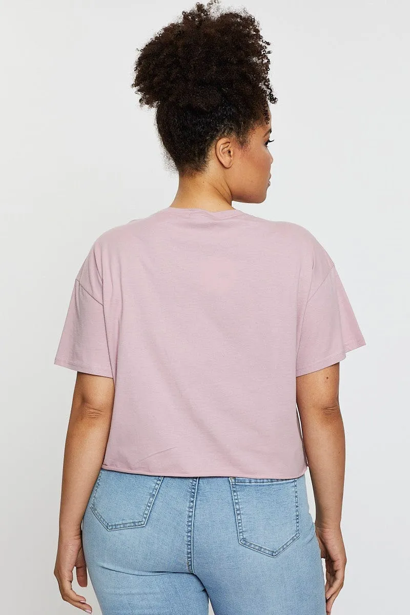Pink Crop T-shirt Good Vibes Short Sleeve Cotton Semi Sustainable Textile Light and Fresh