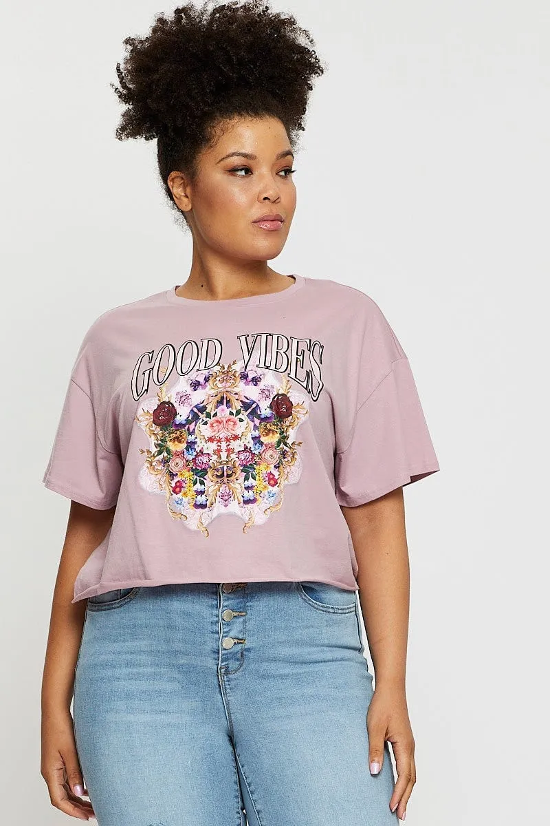 Pink Crop T-shirt Good Vibes Short Sleeve Cotton Semi easy to pair