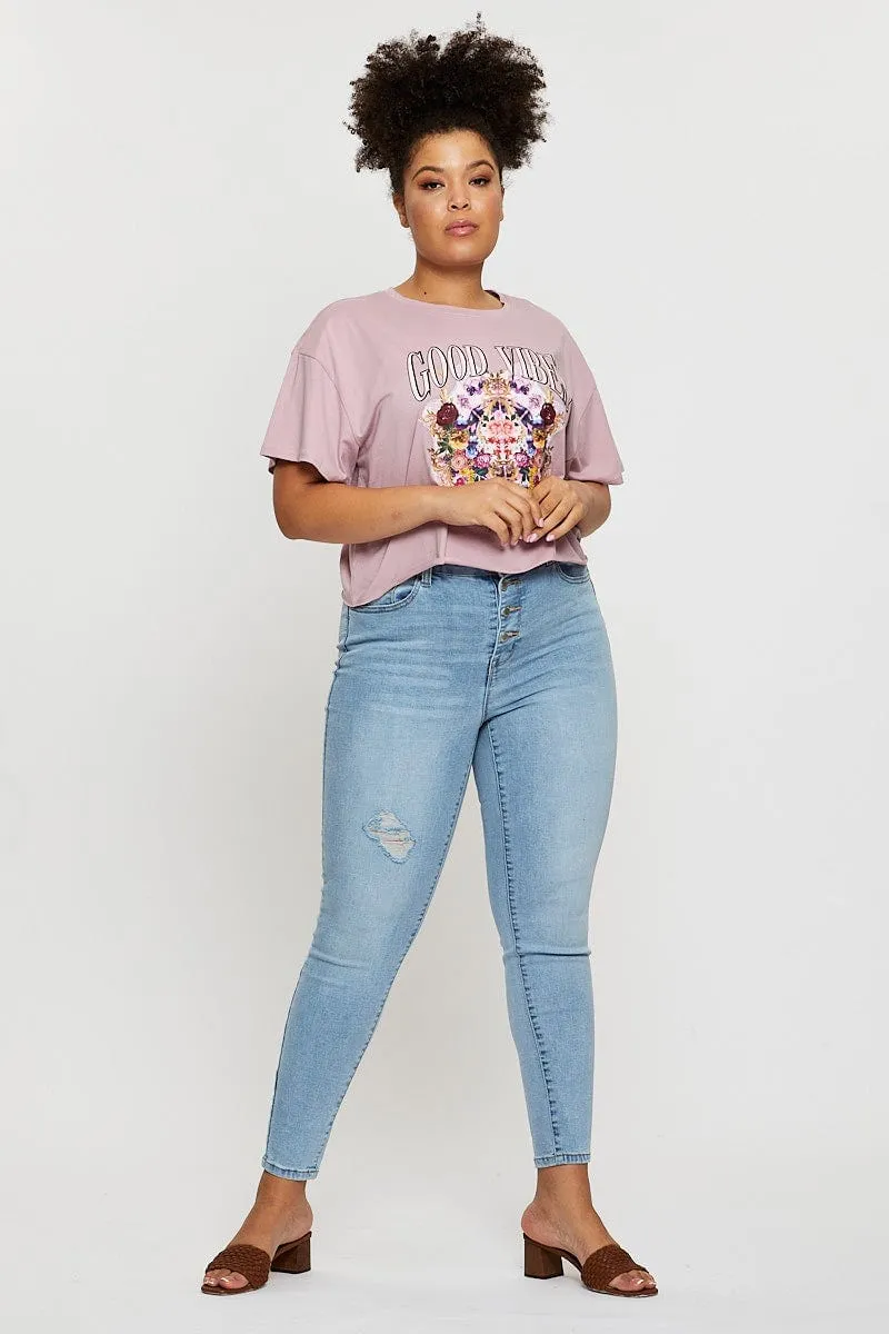 Sporty Comfort Wear Pink Crop T-shirt Good Vibes Short Sleeve Cotton Semi